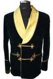 Men's Elegant Black Velvet Smoking Jacket with Gold Lapel Hosting Evening Party Wear Coat Smoking Jacket