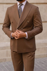 Men Double Breasted 2 Piece Brown Suit Formal Wedding Suit Sainly