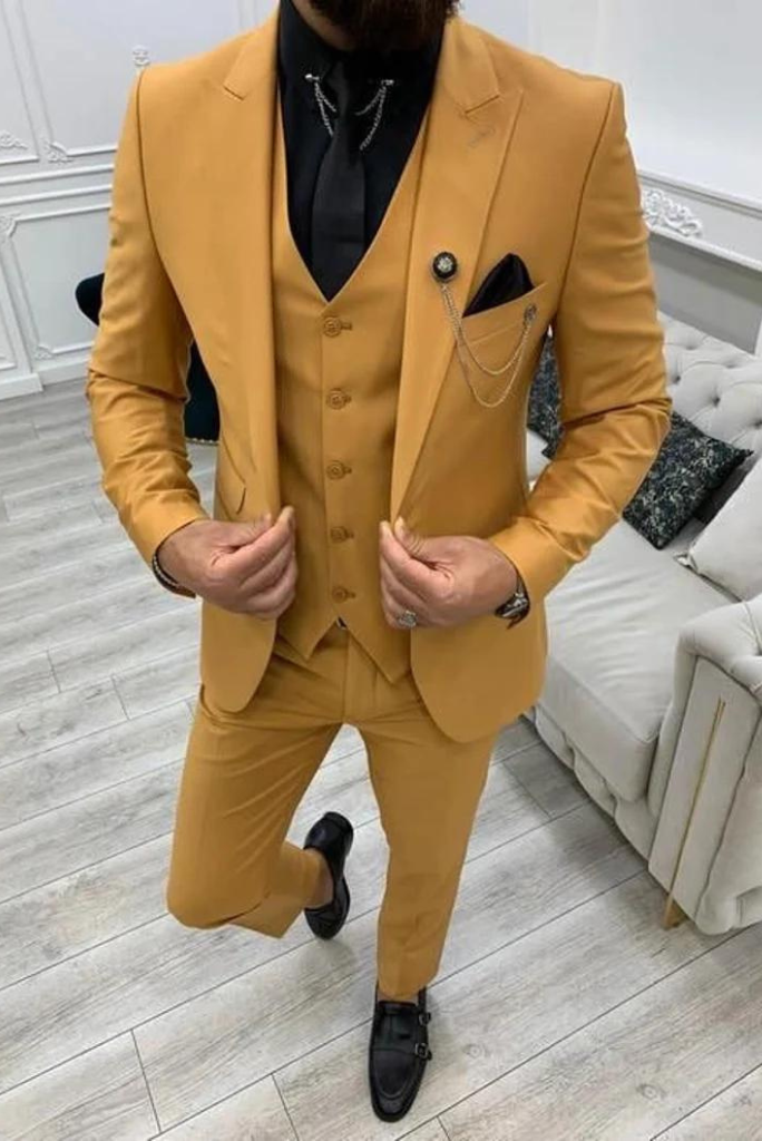 Men Yellow Three Piece Suit Wedding Suit One Button Suit Yellow Sainly