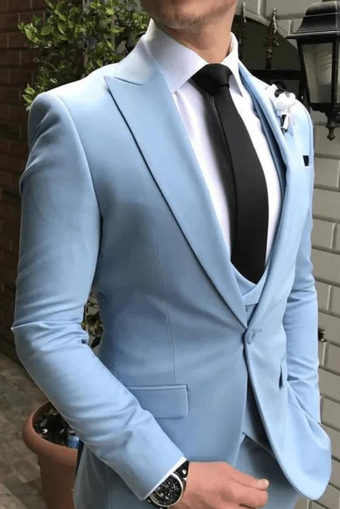 sky blue engagement dress for groom Bride in Pale Blue, Fitted, Sequin Gown Posting With Groom in All-White Suite for Engagement Photos