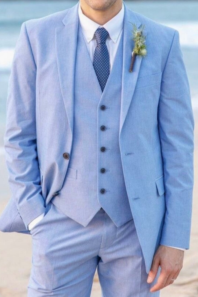 Men 3 Piece Sky Blue Suit Wedding suit Blue Dinner Suit Blue Sainly
