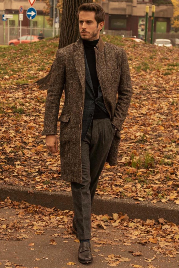 Men Tweed Brown Jacket Over Long Coat Brown Winter outwear sainly 34 / 50