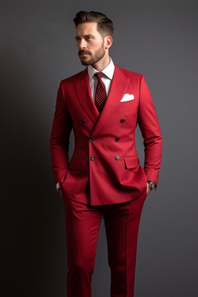 Men Double Breasted Red Suit Wedding Suit Bespoke Wear Sainly SAINLY