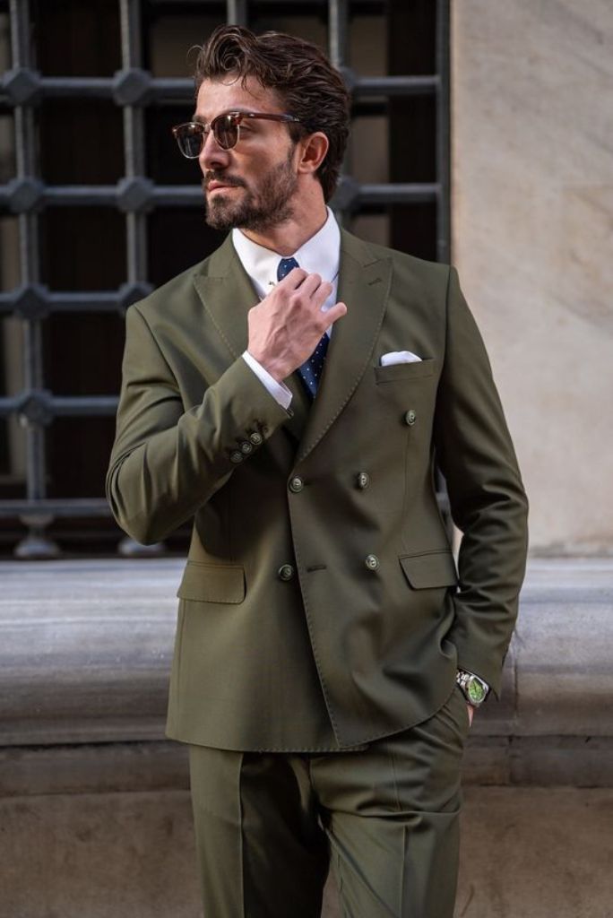 Men Olive Green Suit Wedding Suit Green Double Breasted Suits Sainly 52 / 46