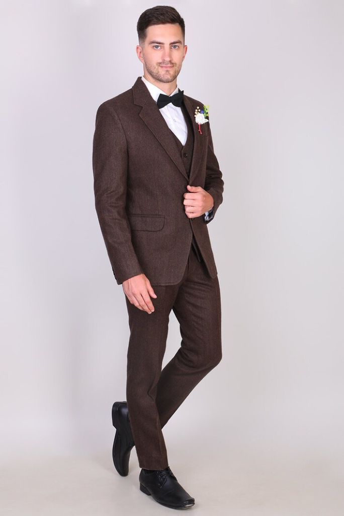 Men Tweed Winter Outwear Suit Wedding Suit Tweed Brown 3 Piece Sainly 52 / 52