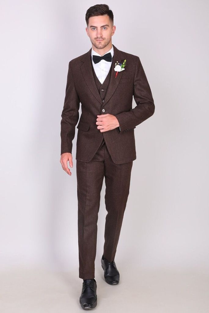 Men Tweed Winter Outwear Suit Wedding Suit Tweed Brown 3 Piece Sainly