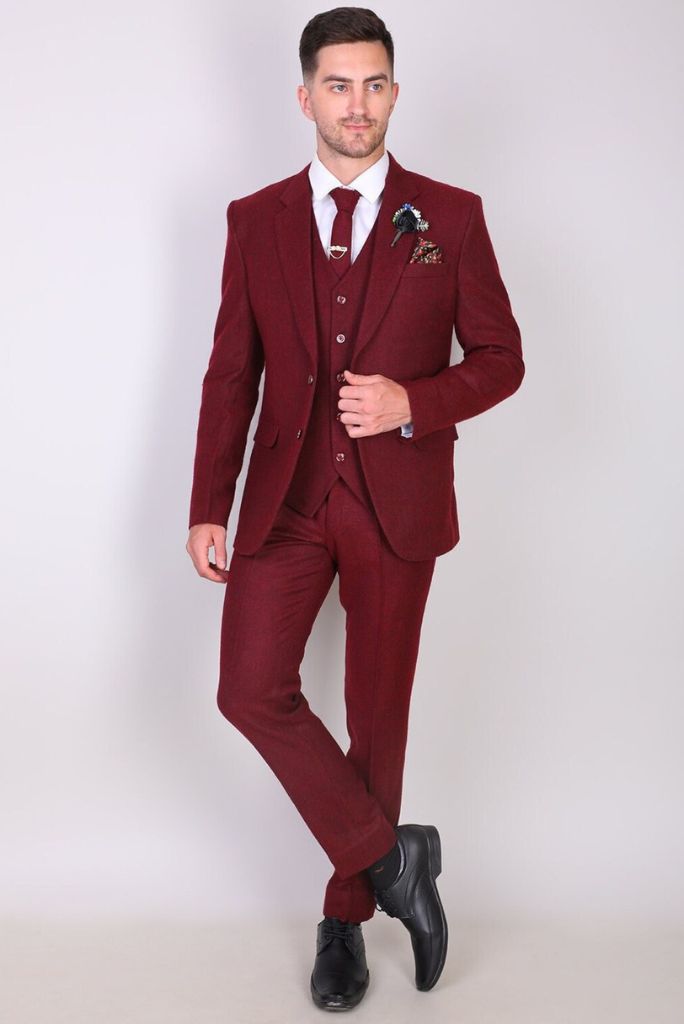Men Maroon Suit Tweed Piece Suit Vintage Winter Outwear Sainly