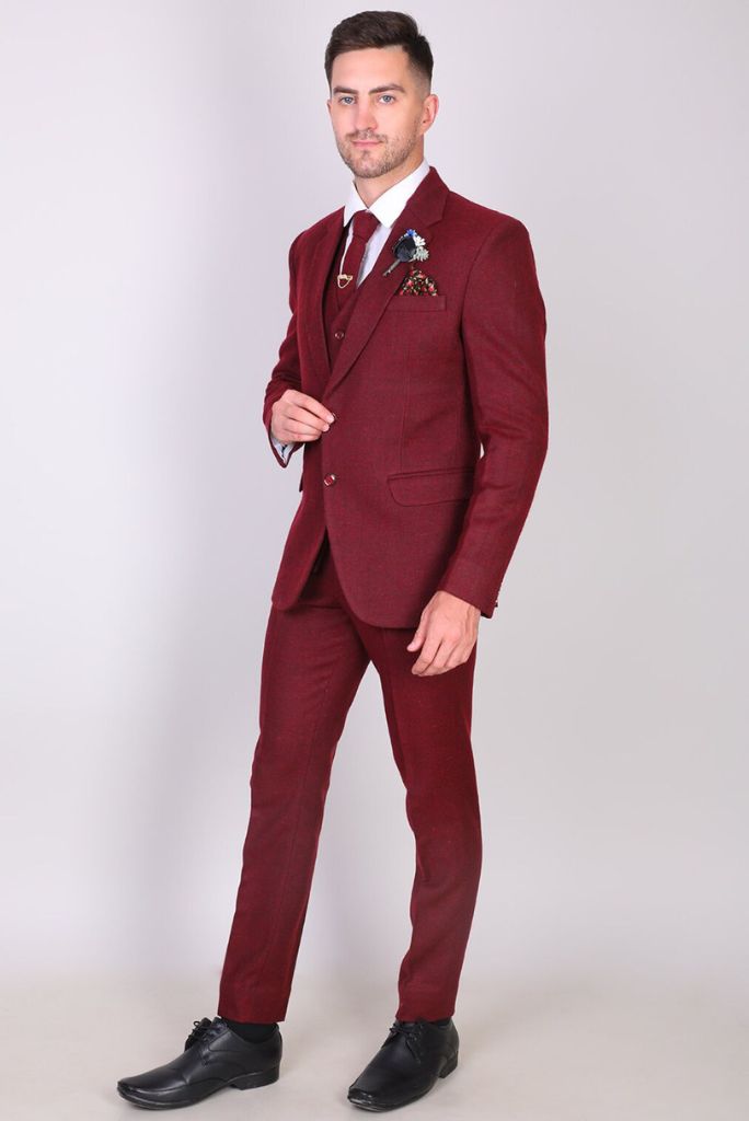 Men Maroon Suit Tweed 3 Piece Suit Vintage Winter Outwear Sainly