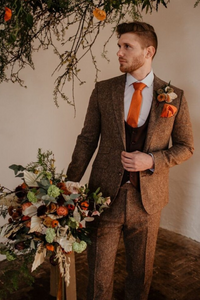Tweed Wool 3 Piece Vintage Suit Brown Mens Suit Wedding Winter Sainly