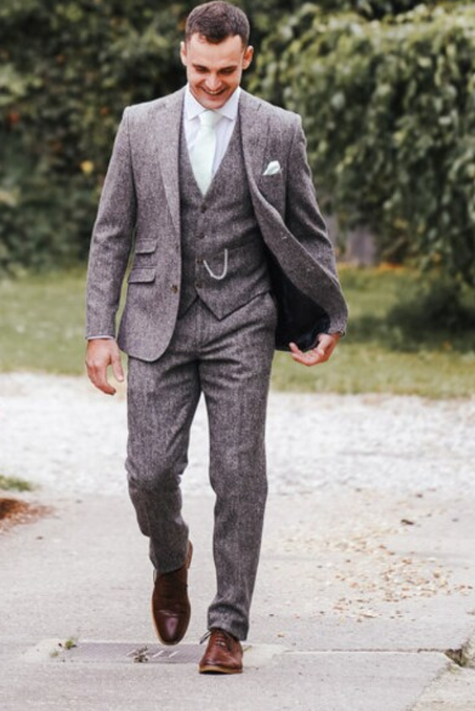 Men Grey Winter Suits Tweed Suit 3 Piece Wedding Suits Sainly 