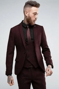 Men Maroon Tweed Suit Wedding Groomsmen Suit 3 Piece Suit Sainly