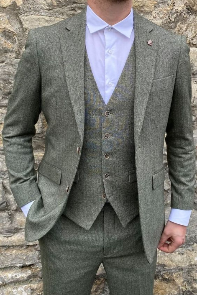 Men Green Tweed 3 Piece Suit Winter Wedding Suit Dinner Suit Sainly