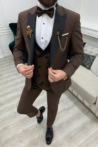 Men Brown Tuxedo Suit 3 Piece Suit Wedding Prom Wear Suits Sainly