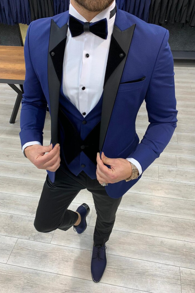 Men 3 Piece Suit Blue Wedding Tuxedo Suit Fit Peak Lapel Wear SAINLY