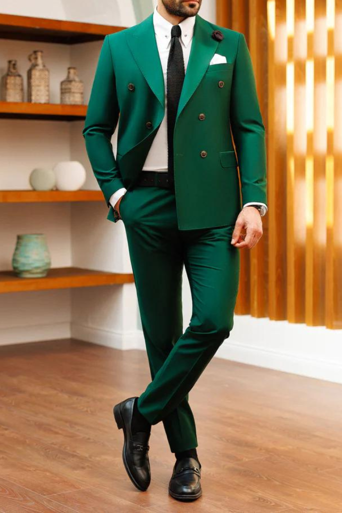 Men Emerald Green Double Breasted Suit Two Piece Wedding Suit Sainly
