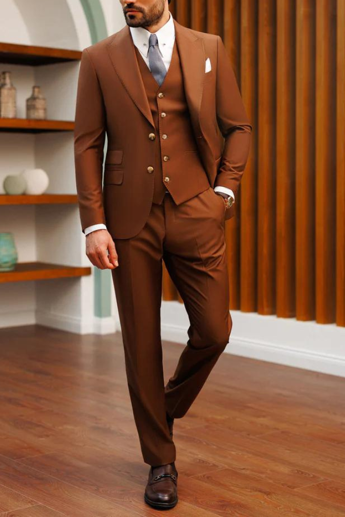 Mens Brown 3 Piece Suit Wedding Elegant Dinner Suit Sainly 44 / 36