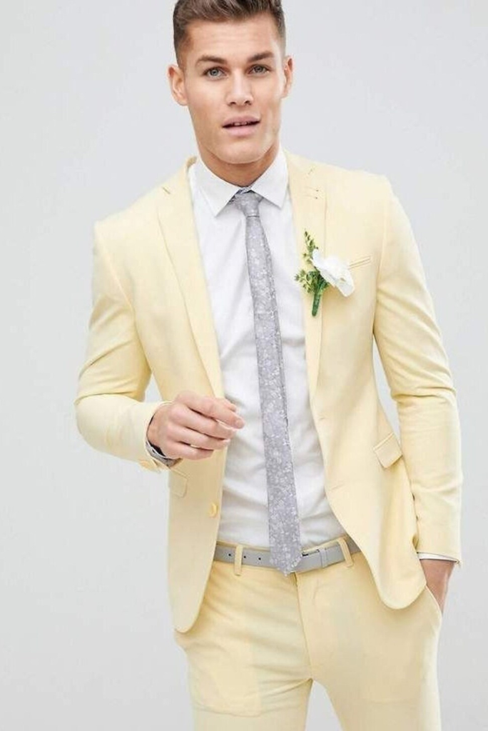US$105.95-Fashion Yellow Men Suits 2 Piece Set Formal Business Blazer Slim  Fit Wedding Groom Tuxedo Groomsmen Jacket Pants Terno M-Description