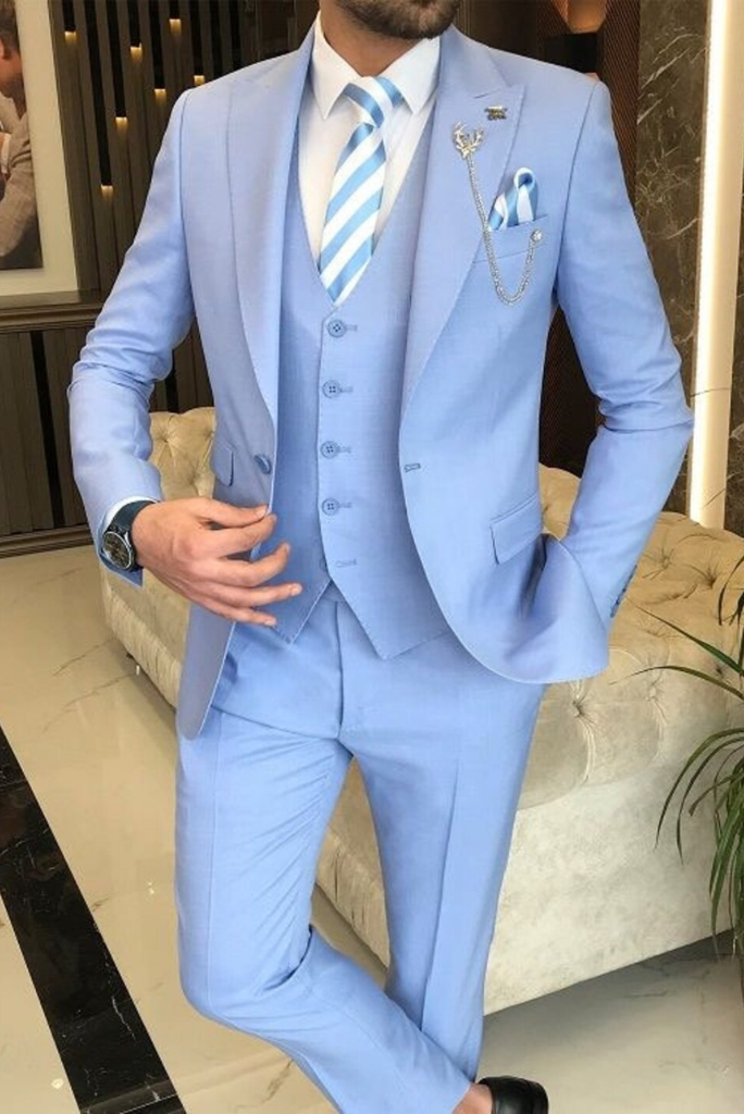 Men Sky Blue Suit 3 Piece Wedding Outfit Elegant Dinner Suits Sainly