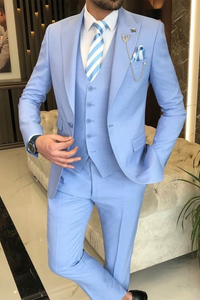 Men Sky Blue Suit 3 Piece Wedding Outfit Elegant Dinner Suits Sainly