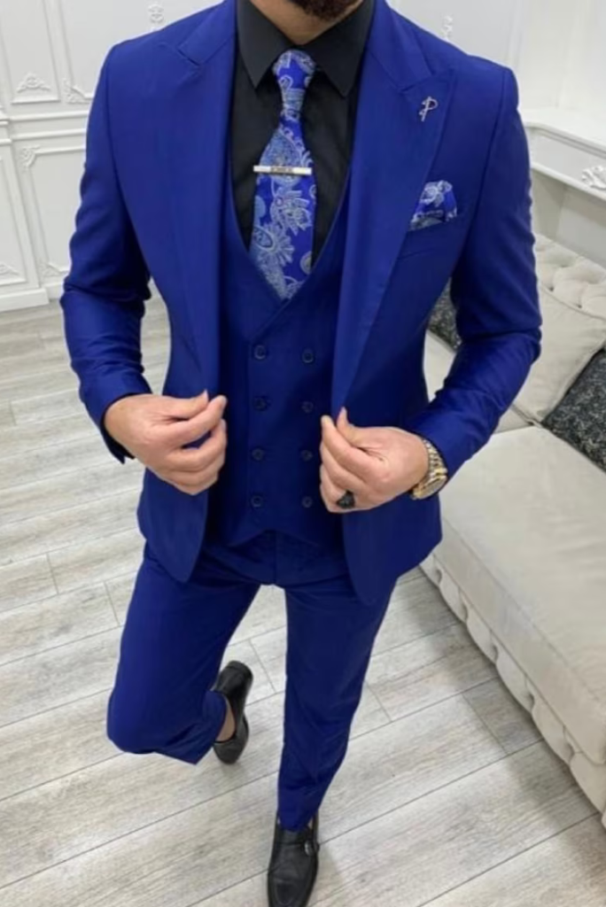 Men Blue 3 Piece Suit Formal Dinner Suit Elegant Groomsmen Wear Sainly 44 / 28