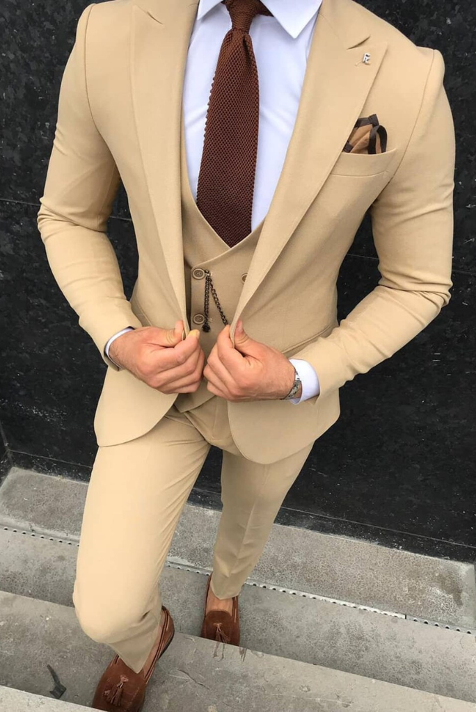 Beige Slim Fit Double Breasted Suit for Men by GentWith.com