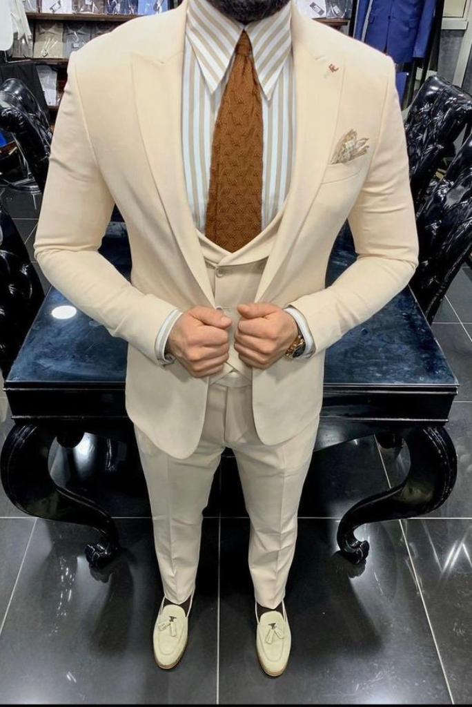 Cream 3 Piece Suit Men Slim Fit Suit Wedding Elegant Suit Sainly