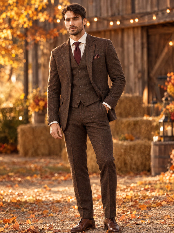 Man in a dark brown tweed three-piece suit with burgundy tie at a rustic autumn barn wedding