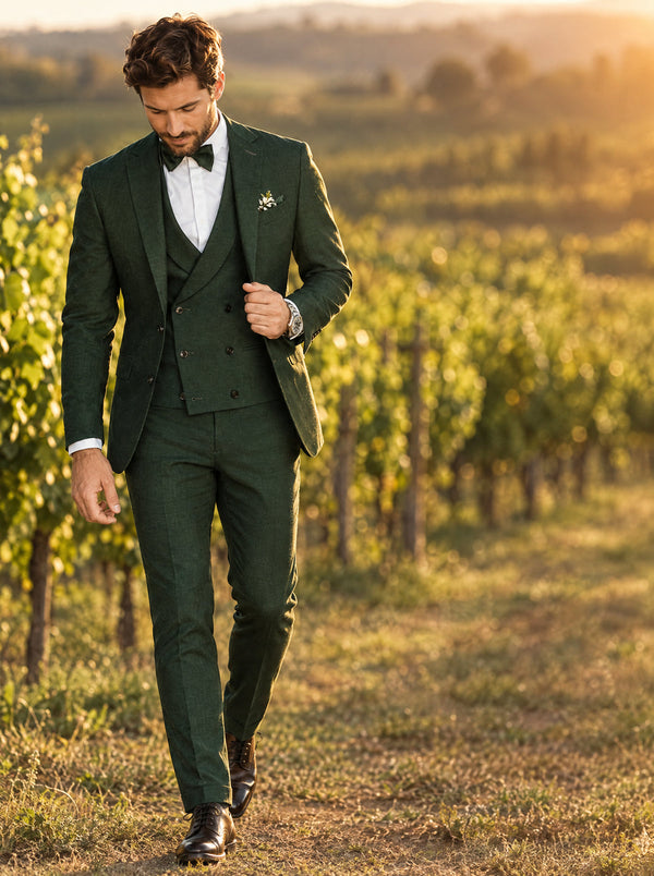 Man in an emerald green double-breasted three-piece suit with bow tie walking through a vineyard