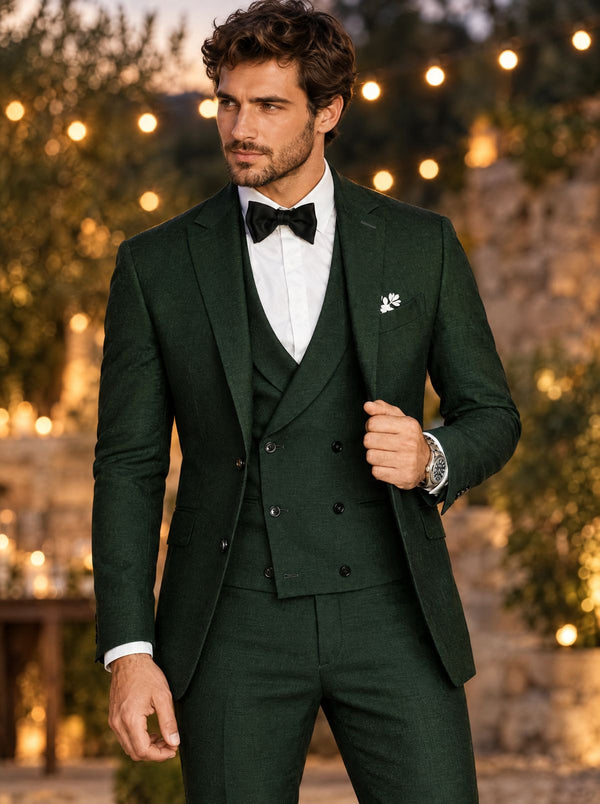 Man in an emerald green three-piece suit with black bow tie at an evening wedding reception