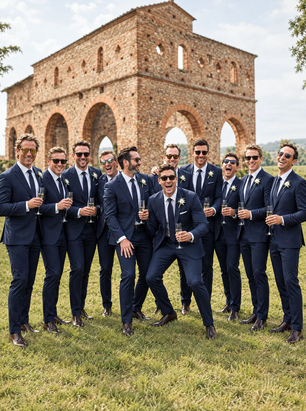Groomsmen in matching navy blue suits with white boutonnieres celebrating at an outdoor wedding