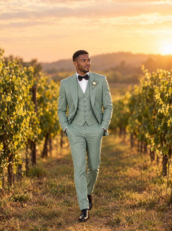 Groom in a sage green three-piece suit with bow tie walking through a vineyard at golden hour