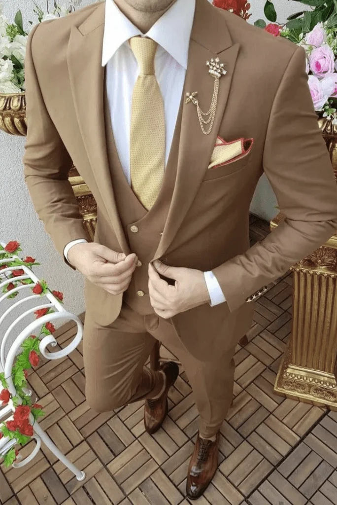 Men's Premium Carmel Brown Designer 3 Piece Slim Fit Suit Wedding Party Suit for Men 44 / 42 Men's Premium Carmel Brown Designer 3 Piece Slim Fit Suit Wedding Party Suit for Men 44 / 42