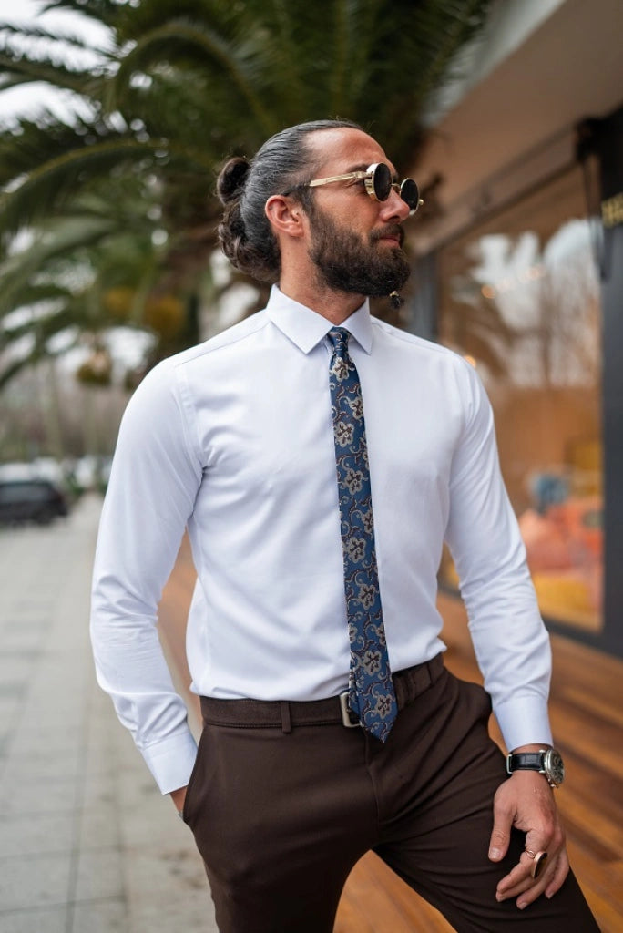 Men White Shirt With Brown Pant Classic Formal Wear Office Wear L