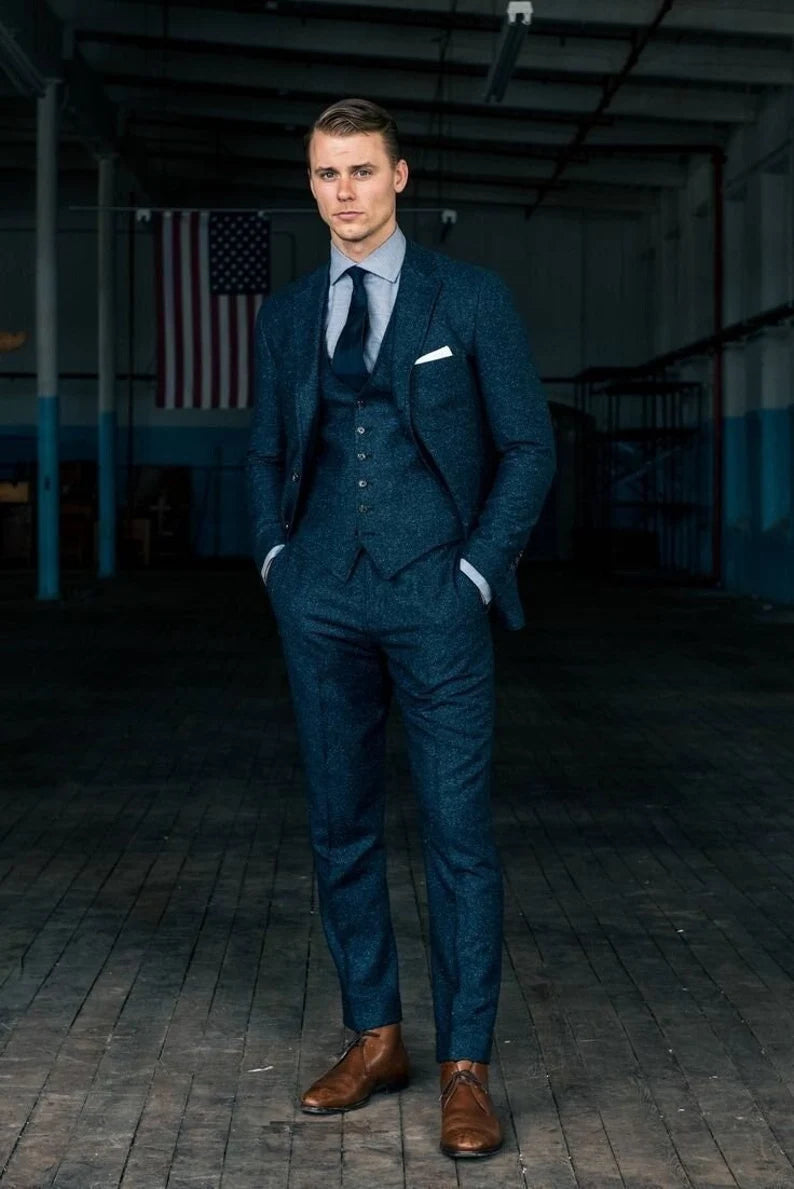 Men Tweed Navy Blue Suit Wedding Suit 3 Piece Men Dinner Suits Sainly 40 28