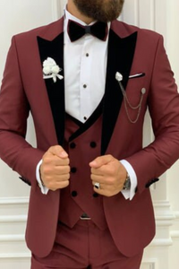 Men 3 Piece Tuxedo Suit | Burgundy Wedding Suit | Dinner Suit | Sainly