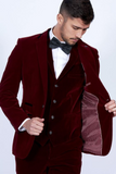 Men Three Piece Suit Velvet Maroon Slim Fit Suit Winter Suits Sainly