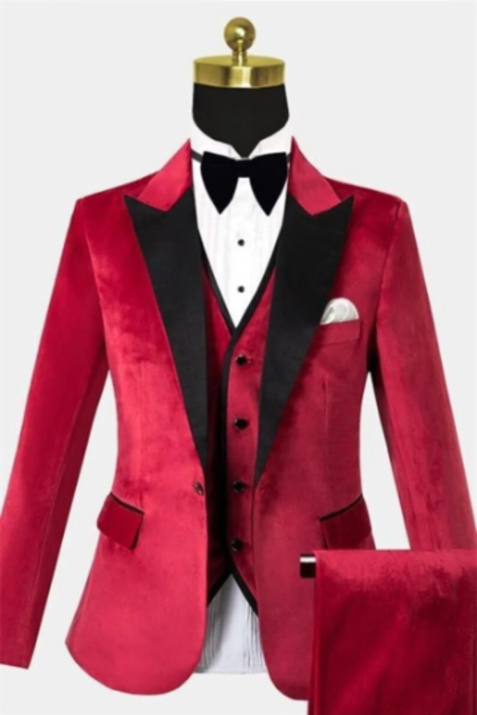 Tuxedo Velvet 3 Piece Suit Red Wedding Suit Velvet Suit Bespoke Sainly
