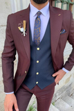 Men Three Piece Suit Burgundy Wedding Suit Slim Fit Suit Sainly