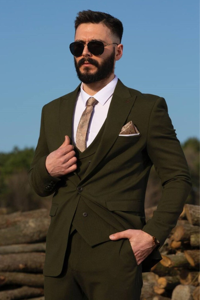 Men Olive Green Suit Three Piece Suit Wedding Beach Suit Sainly