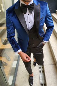 Men Velvet Blue Suit Three Piece Suit Slim Wedding Tuxedo Suit Sainly