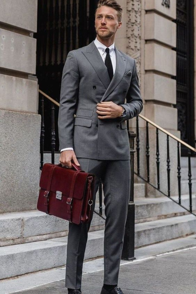 Double Breasted Grey Suit Men Wedding Suit Business Men Suit Office Suit Groom Party Wear 2 Piece suits Bespoke Tailoring