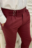 Men Burgundy Double buckle Wedding Pant Formal Trouser Pant Sainly