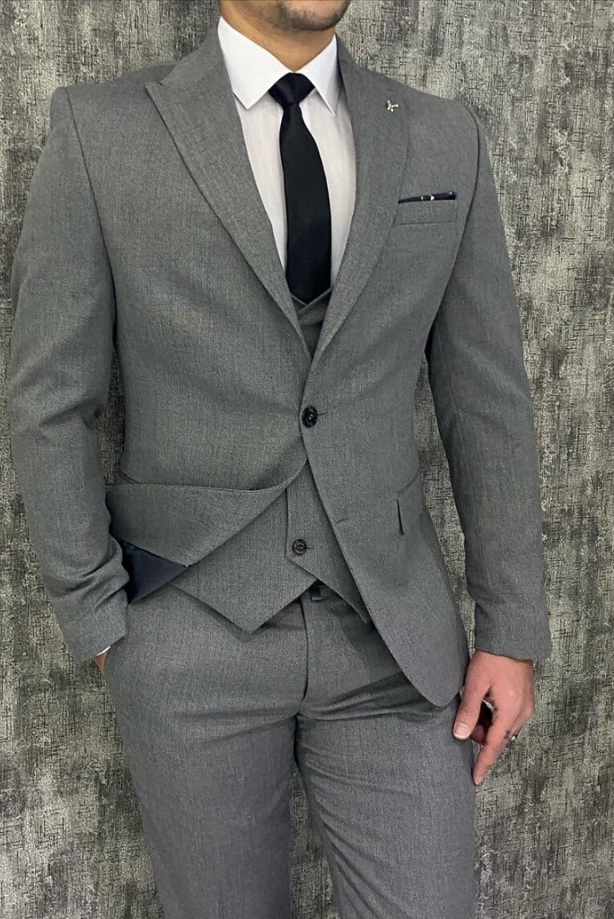 Men Grey Suit 3 Piece Slim Fit Wedding Suit One Button Suit Sainly