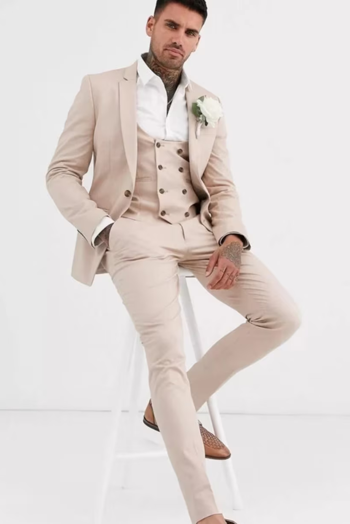 Luxury Men Suits Light Cream Three Piece Slim Fit Elegant Suits Sainly