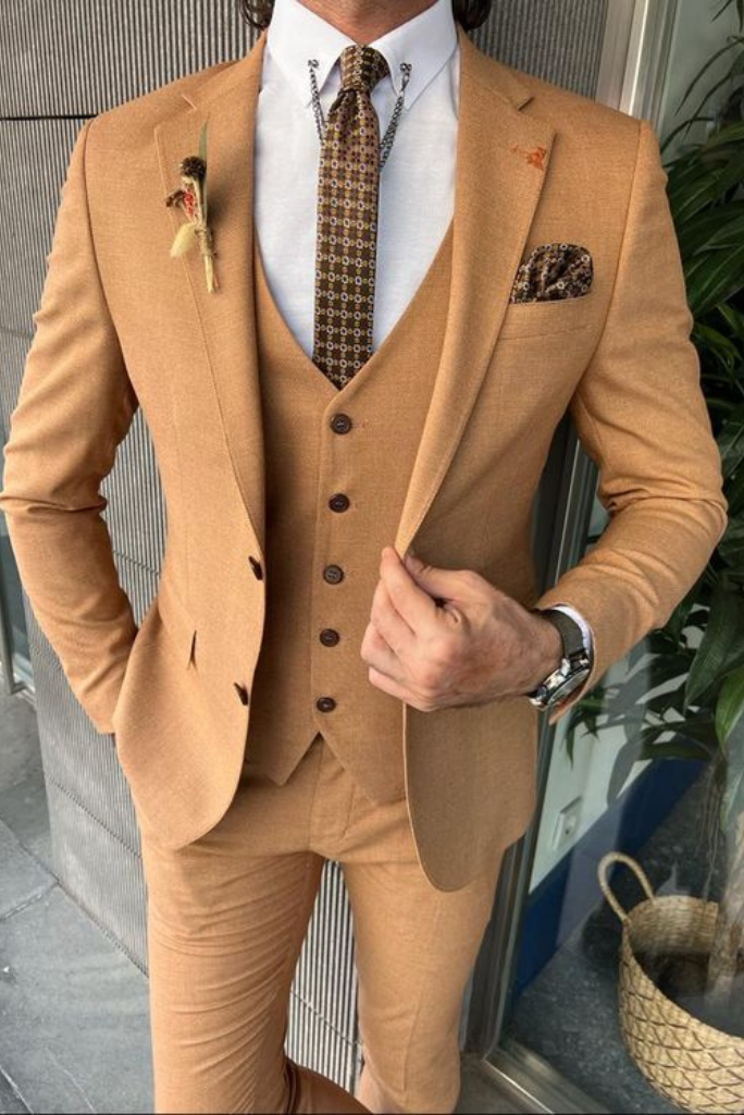 Men 3 Piece Camel Brown Suit | Wedding Slim fit Suit | Formal Fashion Suit 