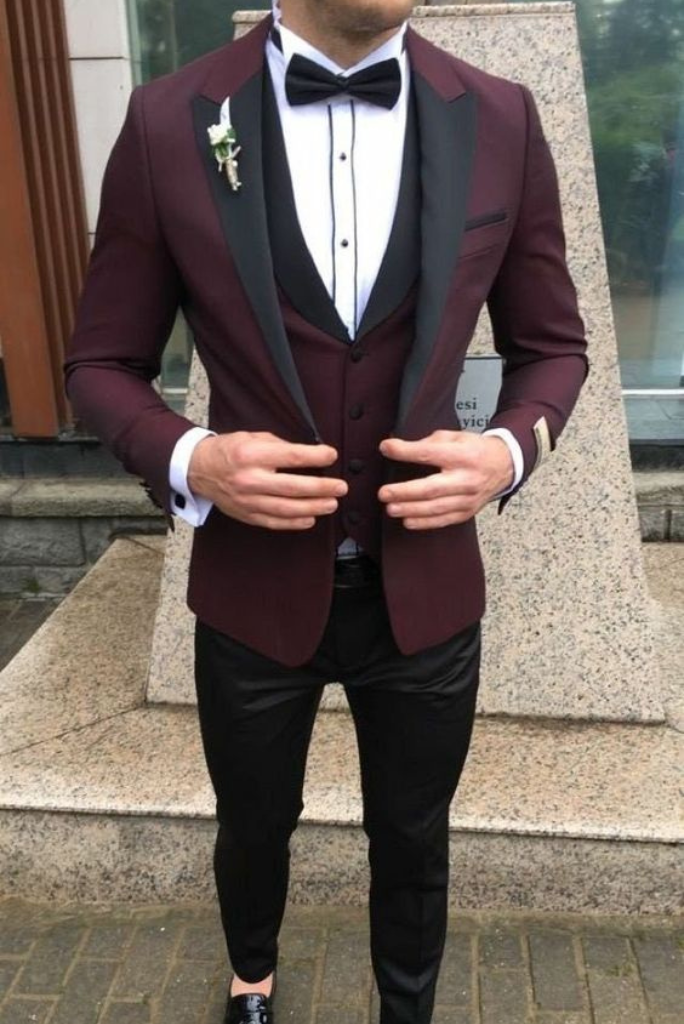 Men Piece Suit Tuxedo Maroon Slim Fit Suit Wedding Suit
