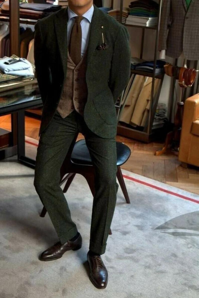 Men Green Tweed Suit | Wedding Groom Wear Suit | Winter Men Suit Herringbone Sainly | 50 / 46