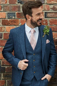 Men Blue Tweed Suit | Wedding Groomsmen Suit 3 Piece| Slim Fit Suit for Groom | Sainly