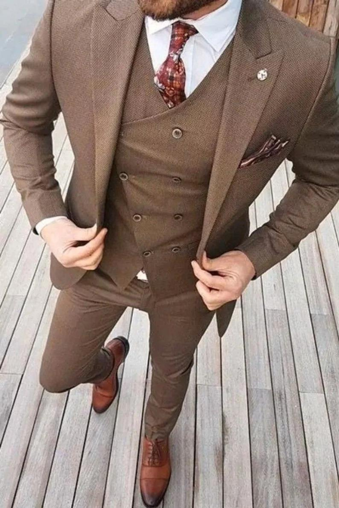 Men Three Piece Suit | Tweed Brown Wedding Suit | Party Wear Grooms Suit | Sainly