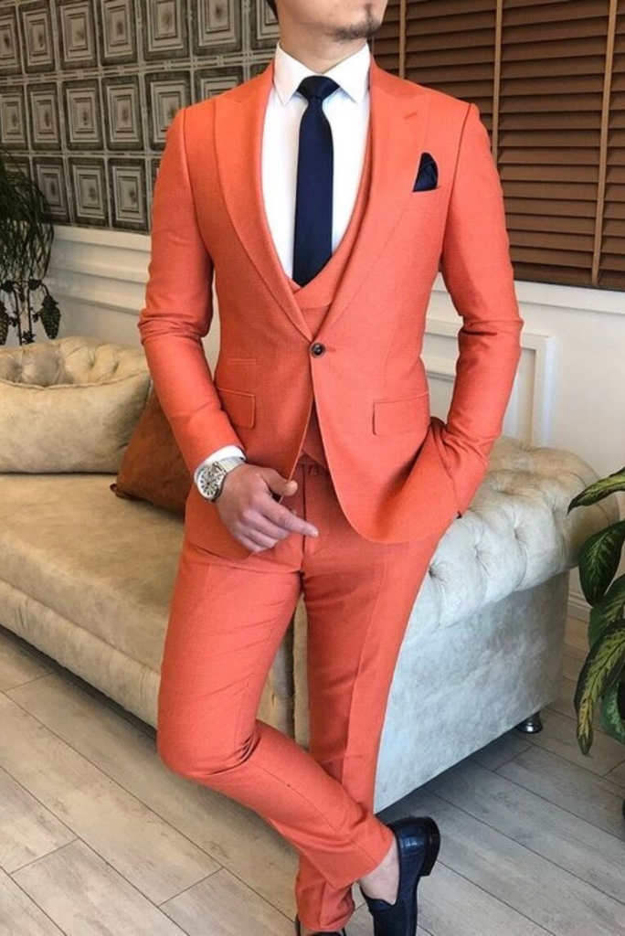 Men 3 Piece Orange Suit | Engagement Suit | Dinner Suit | Sainly